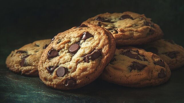12.An assortment of freshly baked chocolate chip cookies laid on a deep, dark backdrop, with a soft glow that highlights the melting chocolate chips and crumbly texture. Each cookie is detailed,