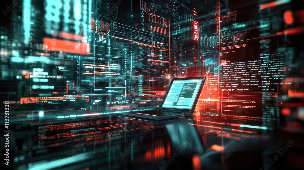 Poster vibrant illustration of digital technology showcasing a laptop and mobile devices displaying softwar