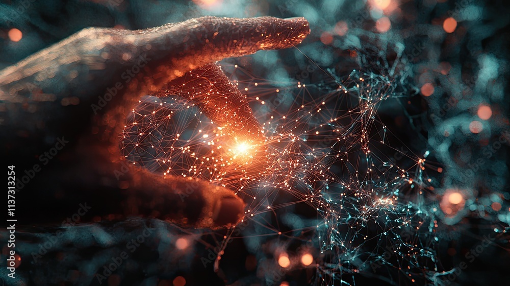 Poster a close-up view of a human finger reaching out to touch a glowing point in an intricate network of d