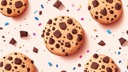 83.A celebratory vector illustration for National Chocolate Chip Cookie Day, featuring multiple chocolate chip cookies in various sizes, with rich chocolate chunks visible. The cookies are
