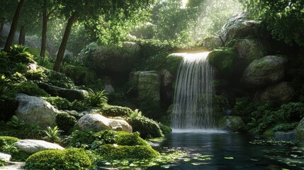 Tranquil, picturesque waterfall surrounded by lush greenery and moss-covered rocks, photorealistic, serene