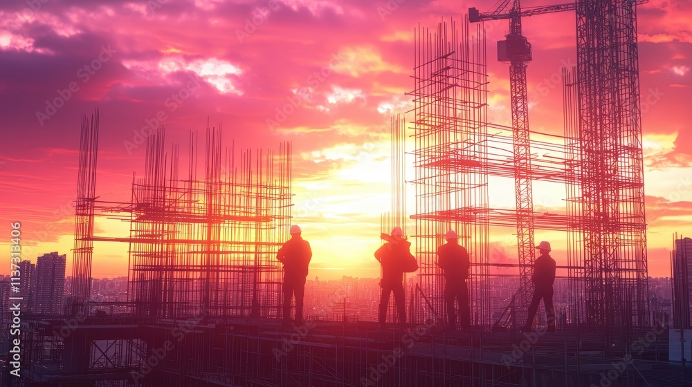Poster Workers collaborate on a construction site at sunset, showcasing silhouettes against a colorful sky while reinforcing a new building framework with steel elements.