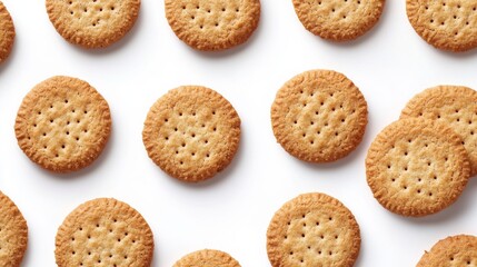 53.A cluster of crunchy digestive cookies spread across a white background, each one showing subtle edge details and a slightly speckled texture. The cookies have a golden-brown color that contrasts