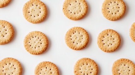 53.A cluster of crunchy digestive cookies spread across a white background, each one showing subtle edge details and a slightly speckled texture. The cookies have a golden-brown color that contrasts