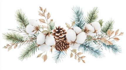 Watercolor christmas frame with fir branches, pine cone, cotton, leaves isolated on white background. Botanical winter greenery holiday illustration for wedding invitation card design