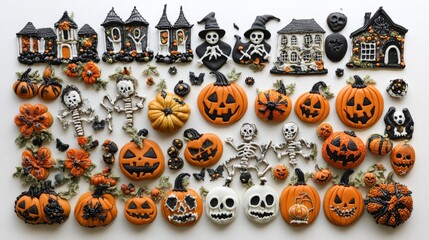 Fototapeta premium 58.A colorful selection of Halloween gingerbread cookies shaped like pumpkins, skeletons, Jack-o'-Lanterns, haunted houses, and witches. Each cookie features detailed icing decorations, capturing a