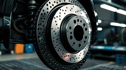 Fototapeta premium Close-up of a car brake disc in a workshop.