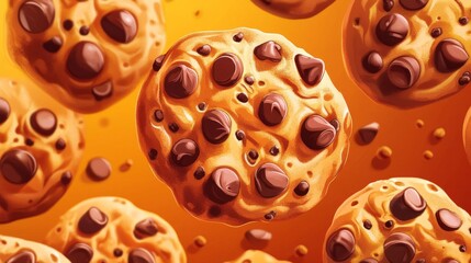 84.A colorful vector celebrating National Chocolate Chip Cookie Day, with a large, close-up cookie with chocolate chips surrounded by smaller cookie elements. The image has a cheerful, inviting feel,