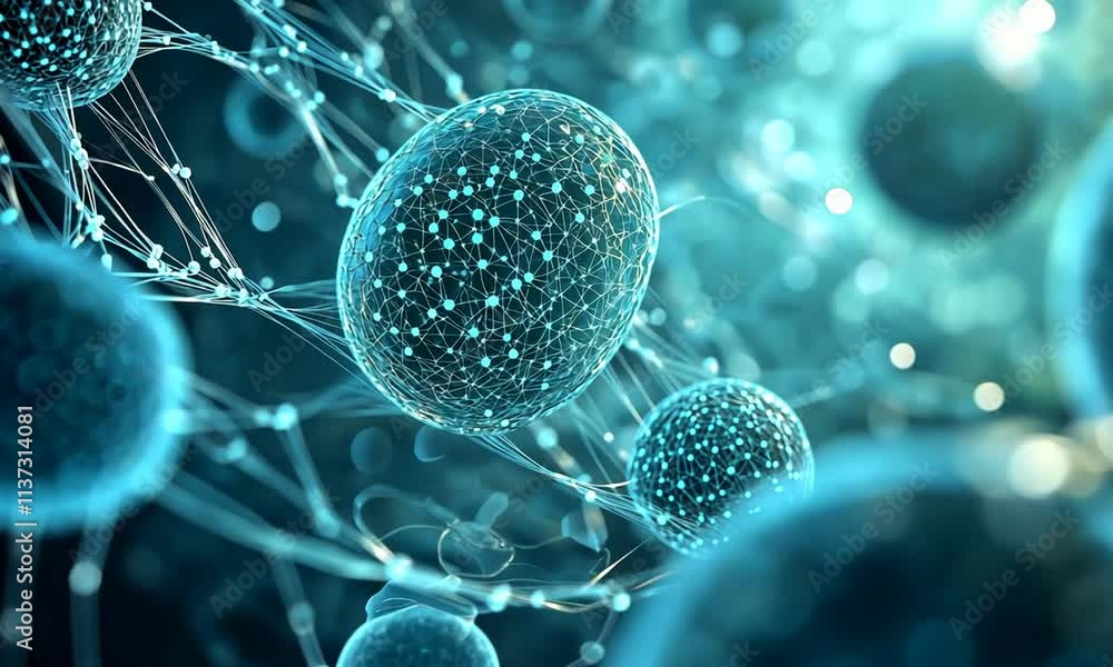 Poster abstract representation of cells and molecular structures in a scientific context.