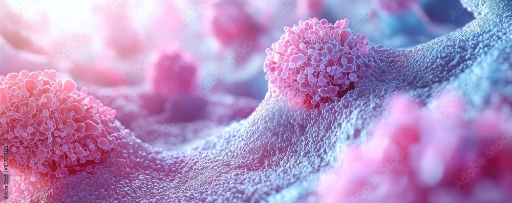 Poster cancer cells concept. detailed microscopic view of cellular structures with vibrant textures and col