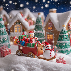 A whimsical Christmas scene featuring gingerbread houses, colorful candy canes, fluffy snow, a cheerful snowman, and a bright red sleigh filled with gifts.