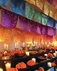 A vibrant altar adorned with marigolds and colorful papel picado.