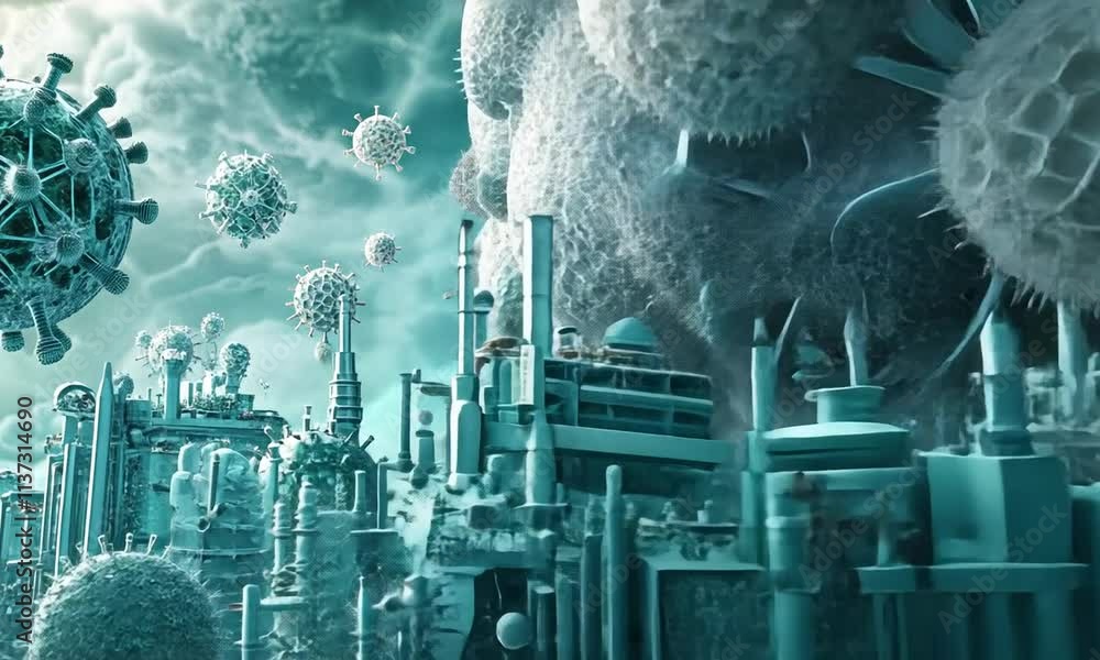 Poster a futuristic cityscape featuring intricate structures and organic forms resembling microorganisms.