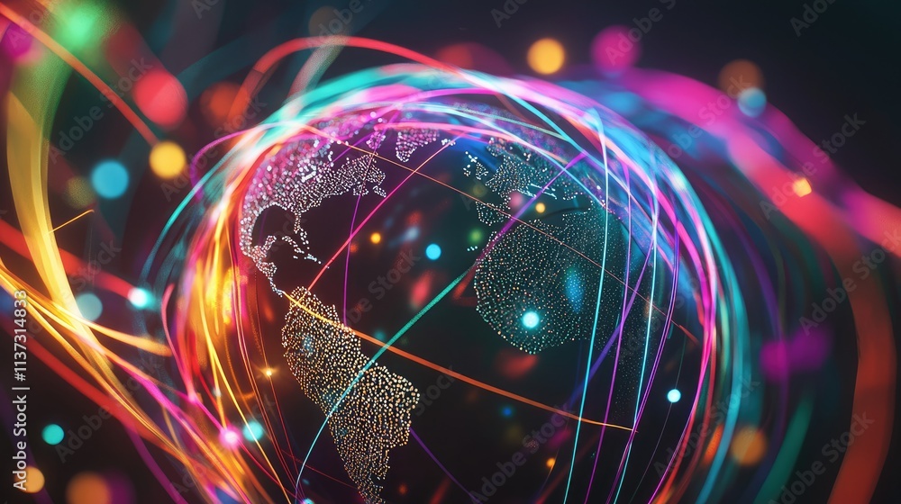 Poster This captivating digital illustration features a globe interconnected by vibrant network lines, symbolizing the flow of data and technology in the modern world.