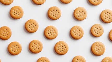 Obraz premium 43.A group of round, golden-brown cookie crackers neatly arranged on a bright white background. The texture, tiny holes, and smooth, crisp edges are clearly visible, creating a clean, classic