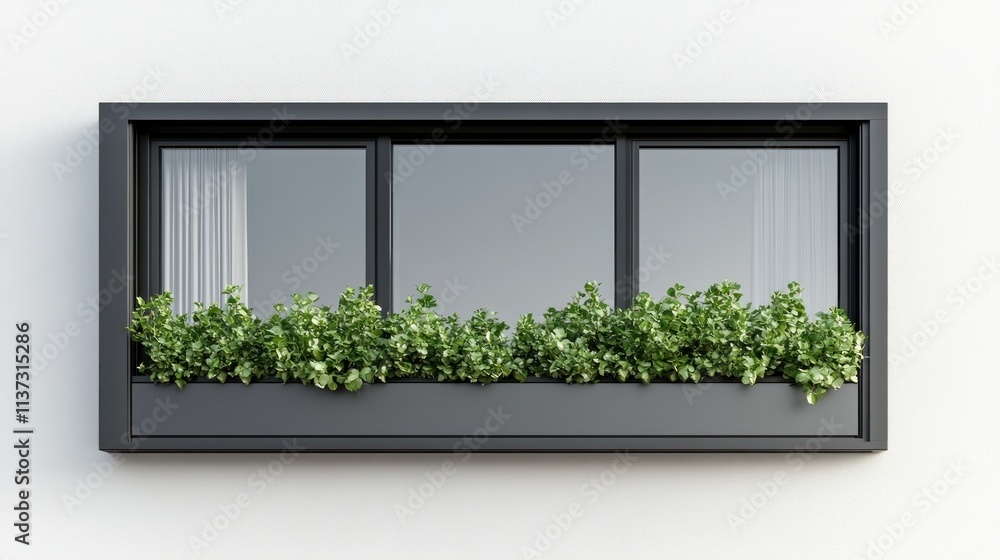 Poster modern window with planter box and greenery.