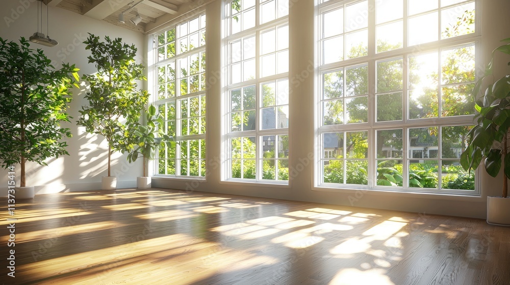 Poster bright and spacious office interior showcasing large windows with soft natural lighting, creating a 