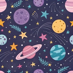 Whimsical Space-Themed Pattern with Stars and Cosmic Elements