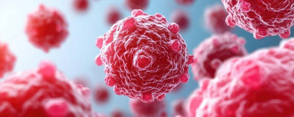 Cancer cells concept. Microscopic view of colorful virus particles against a soft blue background.