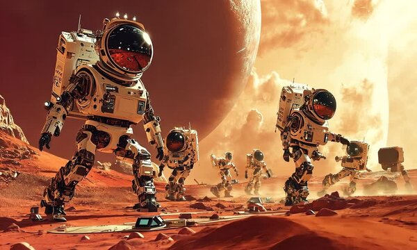 Robots exploring a Martian landscape with a distant planet in the background.