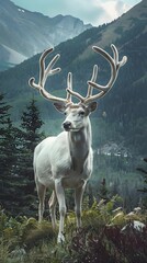 A majestic white deer with perfect antlers, and beautiful mountain forest views