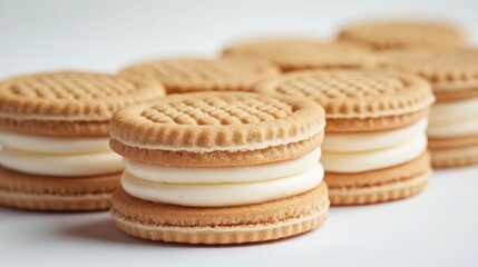 33.A neat row of sandwich cookies with a vanilla cream center, each cookie showing an embossed pattern on the biscuit surface. The white background accentuates the uniformity of the biscuits and the