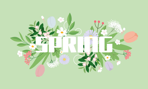 Hello spring banner. Trendy texture. Season vocation, weekend, holiday logo. Spring Time Wallpaper. Happy spring Day. Spring vector Lettering text. Fashionable styling. Flower vector.