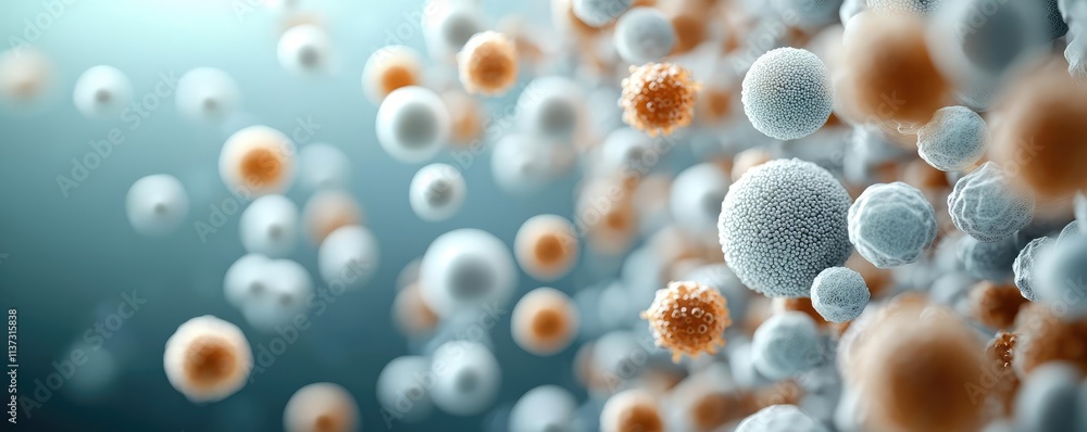 Poster cancer cells concept. colorful microscopic view of various cells and microorganisms in a dynamic env