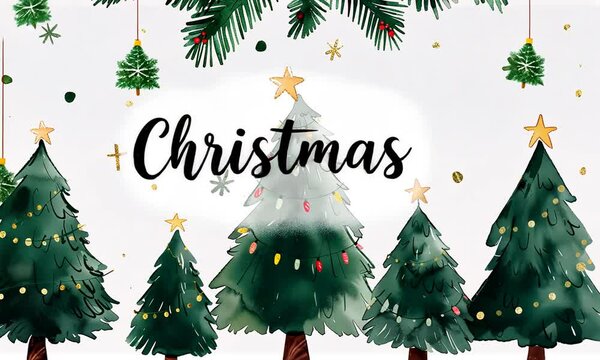 Texte "Merry Christmas" en anglais avec d&eacute;corations en forme de sapins tombants, ambiance festive et hivernale, no&euml;l 