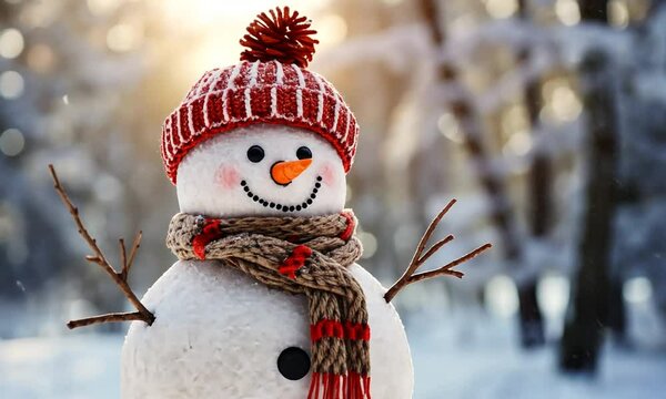 Zoom sur un bonhomme de neige souriant avec bonnet rouge et &eacute;charpe &agrave; carreaux dans une for&ecirc;t enneig&eacute;e, ambiance festive pour No&euml;l et l'hiver