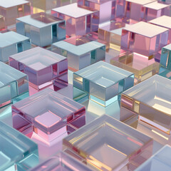 Obraz premium Composition géométrique avec blocs transparents multicolores en verre, concept abstrait et moderne avec effet de profondeur.