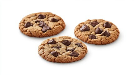 69.A set of American-style chocolate chip cookies in vector form, with soft brown shading, large chocolate chips, and lightly textured edges. Isolated on a white background, the cookies look