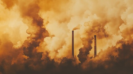 Obraz premium Industrial smoke emissions causing air pollution with smokestacks and heavy smog