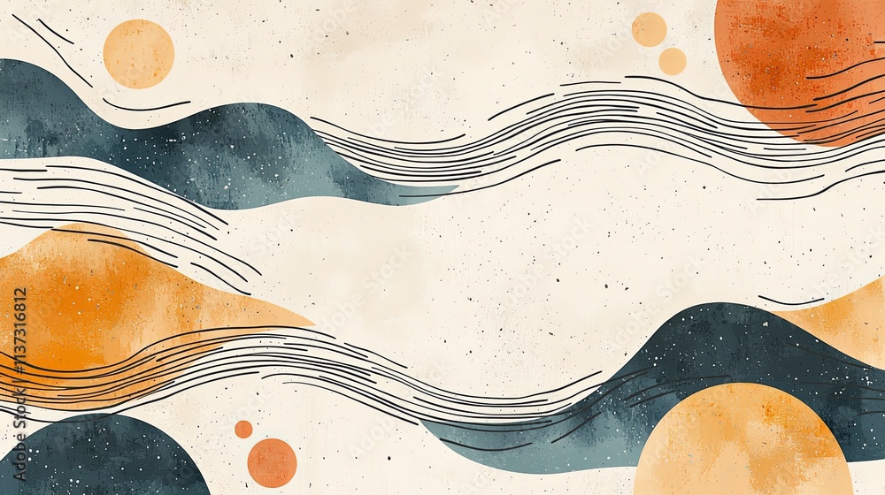 Poster bohemian-style lines concept, abstract design featuring wavy lines, circular shapes, and a blend of 
