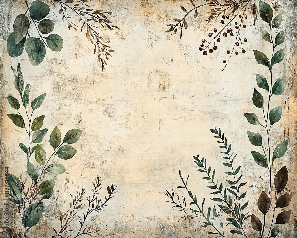Aufkleber bohemian-style lines concept, a textured background featuring various green leaves and delicate bran