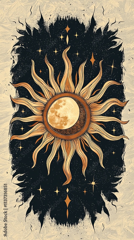Poster bohemian-style lines concept, a stylized sun and moon design on a textured background, featuring int