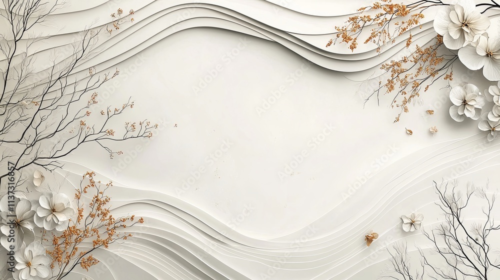 Poster bohemian-style lines concept, elegant textured background featuring flowing shapes, delicate branche