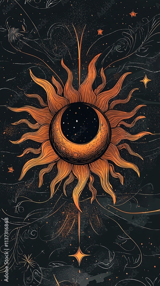 Poster bohemian-style lines concept, a stylized sun design with rays extending outward, surrounded by a dar
