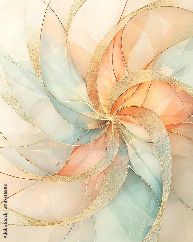 Poster bohemian-style lines concept, abstract swirling pattern in soft pastel colors with golden accents, c