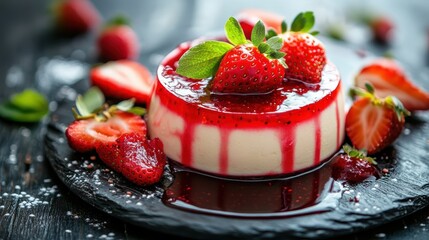 Panna cotta with strawberry coulis and fresh strawberry on dark wooden table. Italian dessert. isolated on white. ultra cinematic, beautiful lighting,