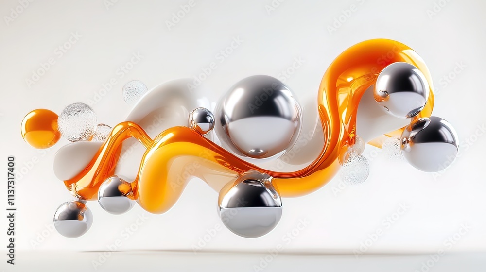 Aufkleber abstract 3d rendering of flowing orange and white shapes with chrome spheres.