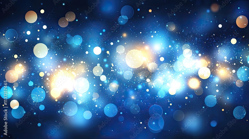 Poster a captivating blue background features a stunning bokeh effect with shimmering particles that create
