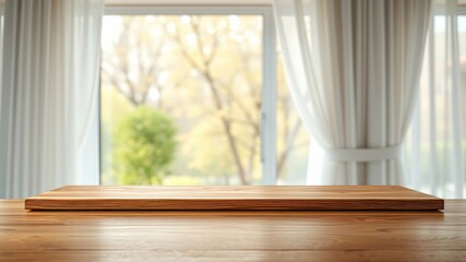 Fototapeta premium Wooden Counter Table Top Window Spring Garden, Empty Space, Photorealistic