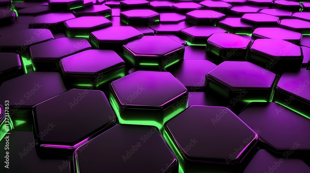 Poster abstract 3d rendering of purple and green glowing hexagonal shapes.