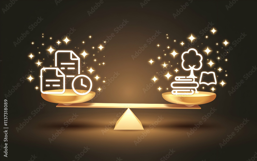 Poster balancing act: knowledge and time. a golden scale balances documents and a clock against books and a
