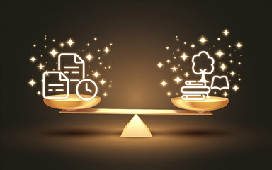 Fototapeta premium Balancing Act: Knowledge and Time. A golden scale balances documents and a clock against books and a tree, symbolizing the delicate equilibrium between work and nature, knowledge and time management.