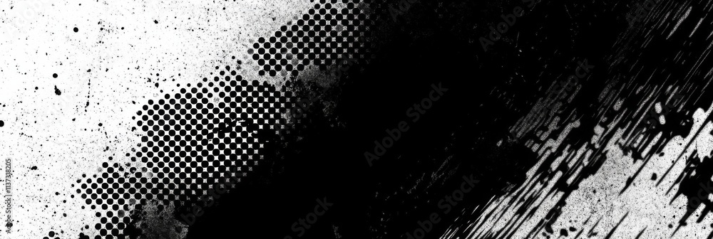 Poster abstract black and white halftone background with chaotic radial pattern and grungy texture - dynami