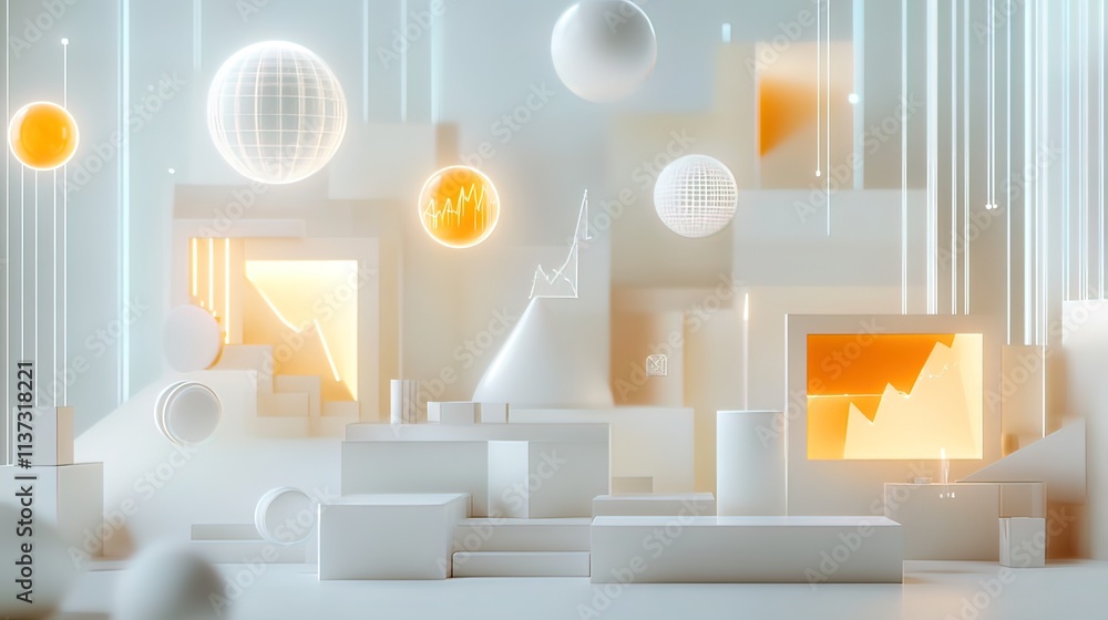 Poster abstract 3d rendering of white geometric shapes, glowing orange graphs, and floating spheres.