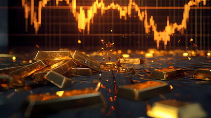 Dramatic scene with gold bars scattered on the floor, a shattered stock market graph in the background. Shattered. Illustration