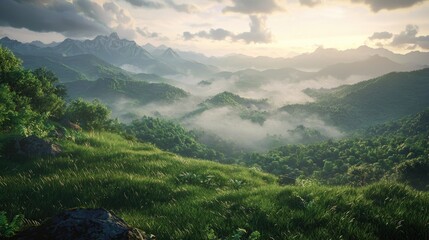 Fototapeta premium A serene landscape showcasing lush green hills rolling gently under a partly cloudy sky, with majestic misty mountains in the distance, perfect for nature lovers.